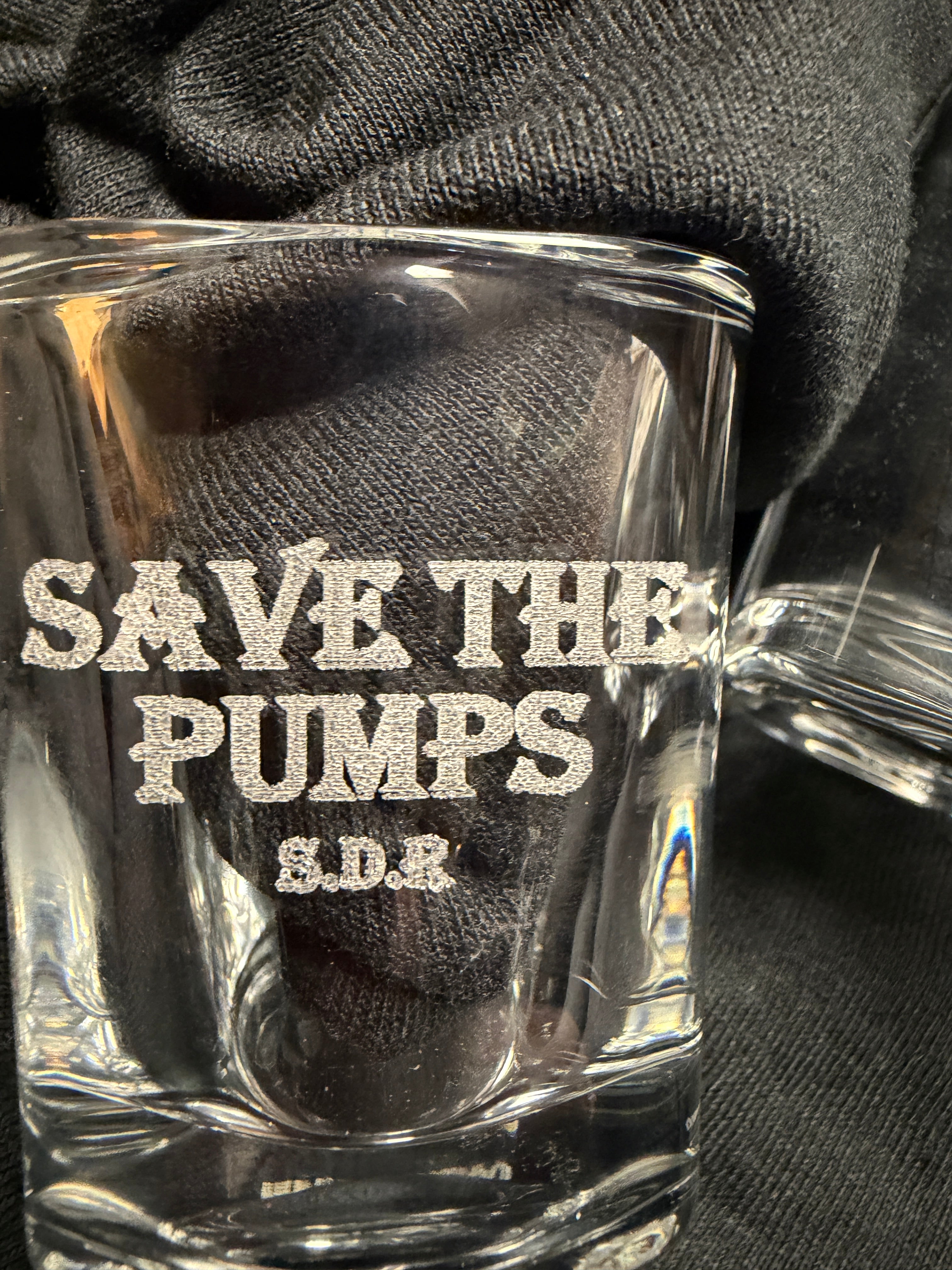 SAVE THE PUMPS shot glass METALLAK ATV CLUUB