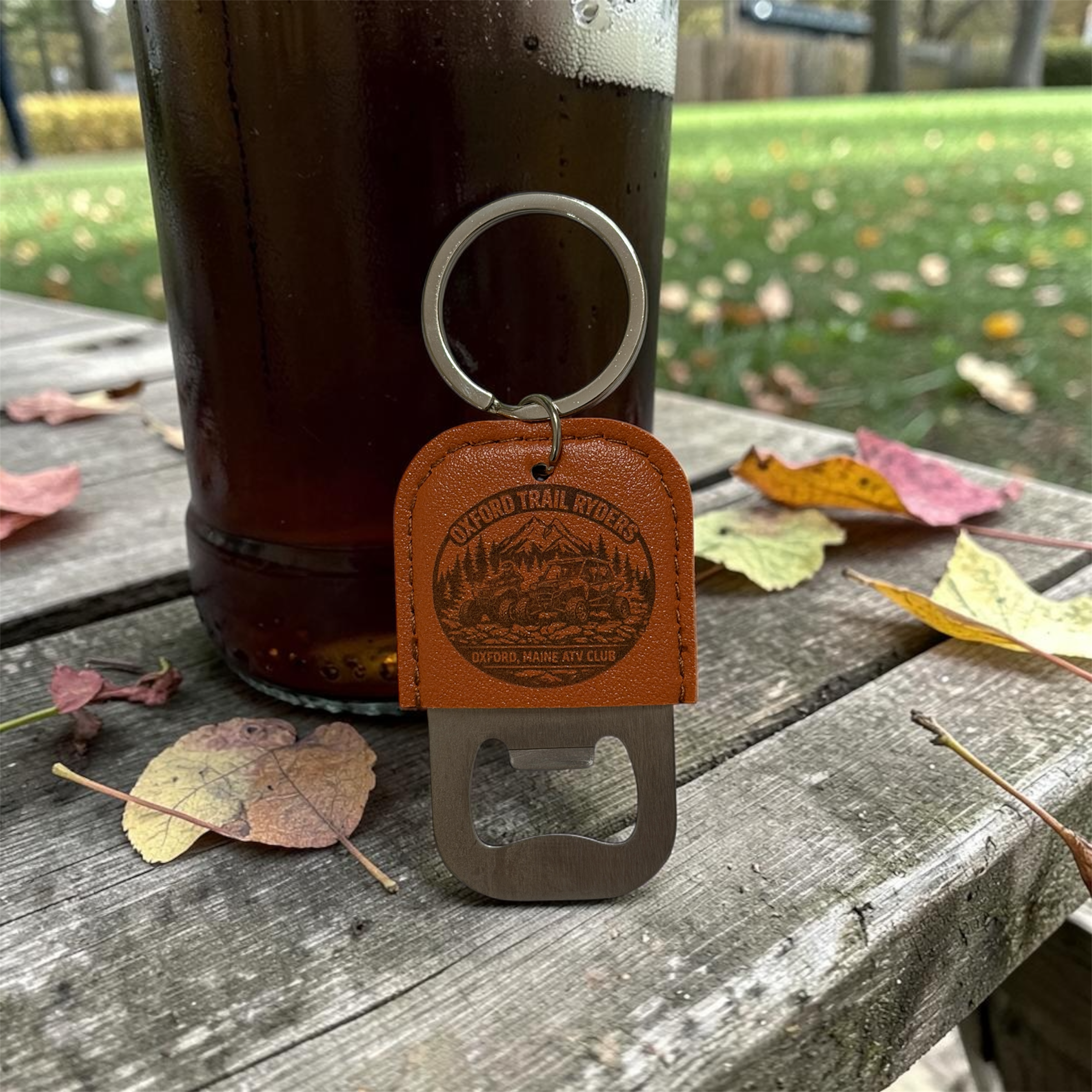 OTR leather key chain with bottle opener