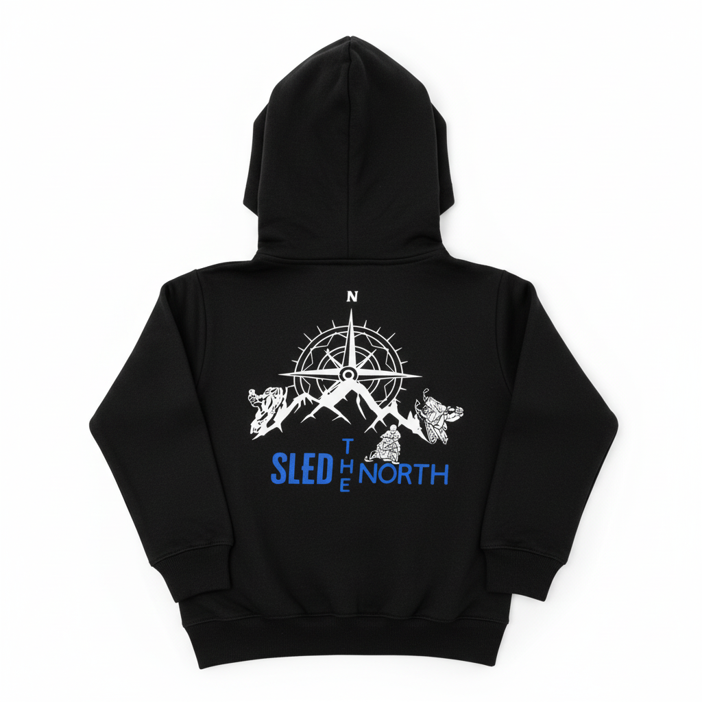 Kids Sled The North Hoodie - Blue Logo on Back