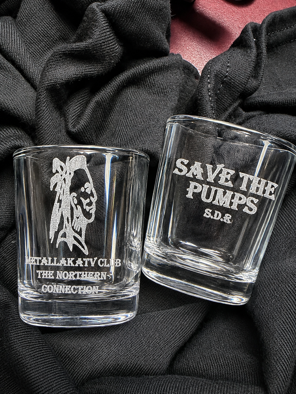 SAVE THE PUMPS shot glass METALLAK ATV CLUUB
