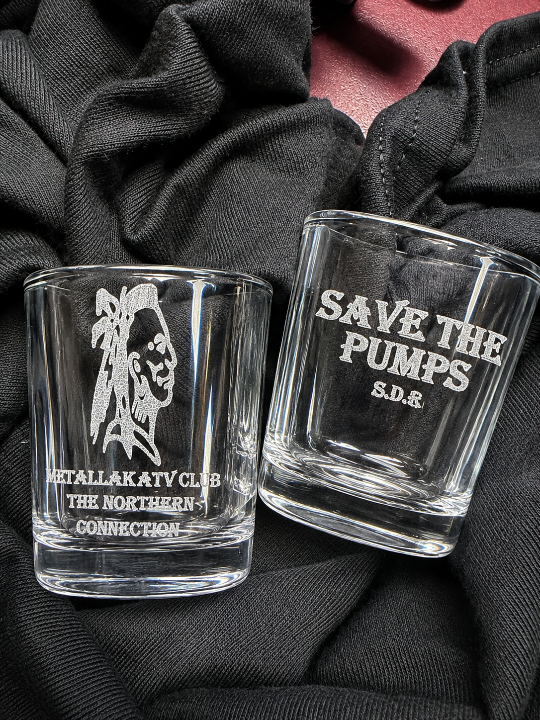 SAVE THE PUMPS shot glass METALLAK ATV CLUUB