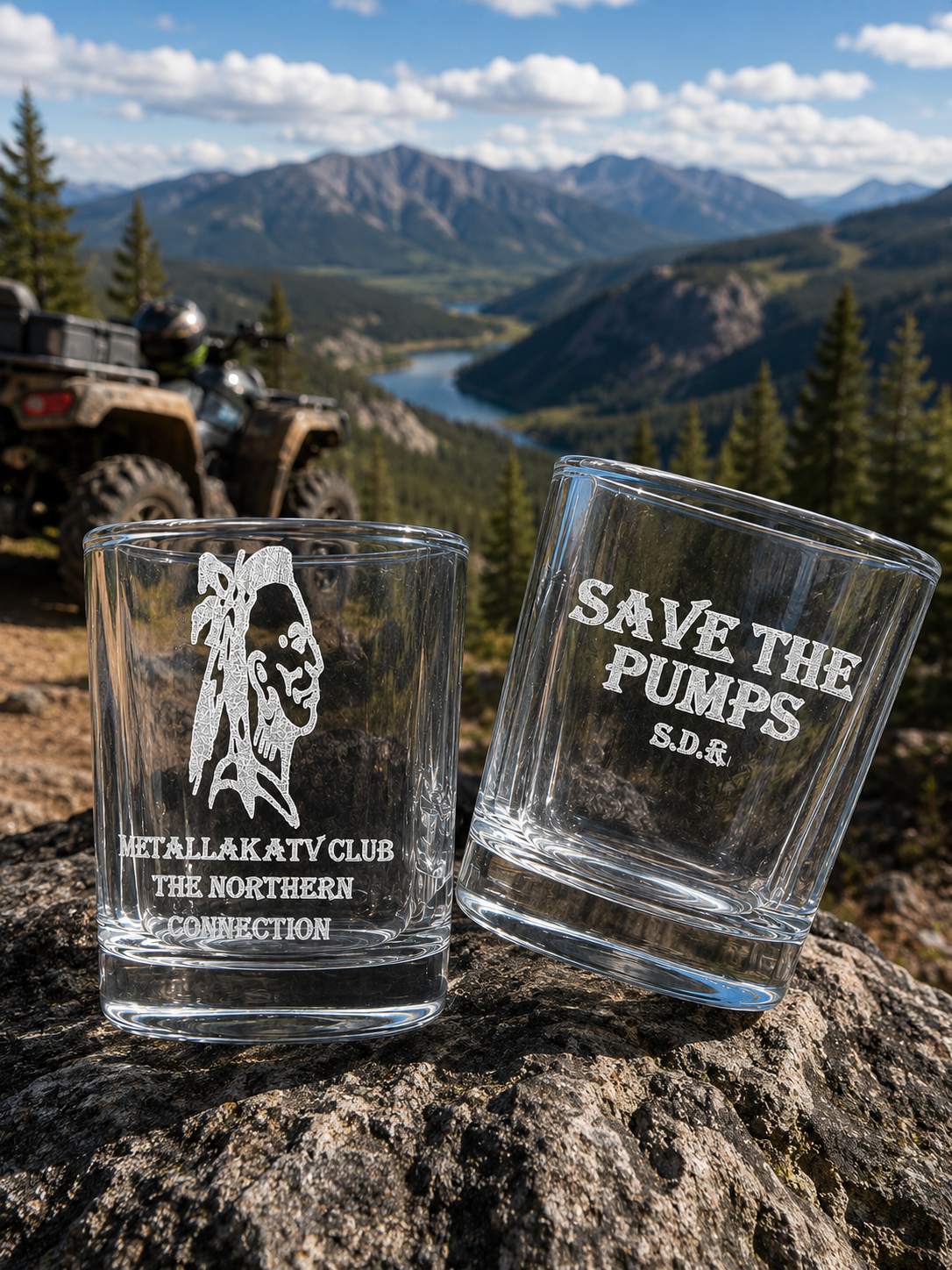 SAVE THE PUMPS shot glass METALLAK ATV CLUUB