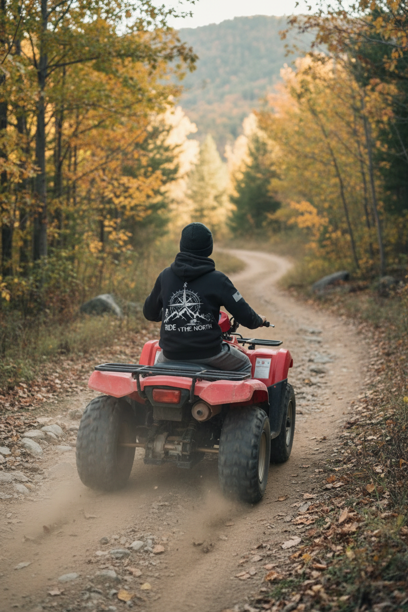 Teen on quad ATV driving away wearing Ride The North hoodie