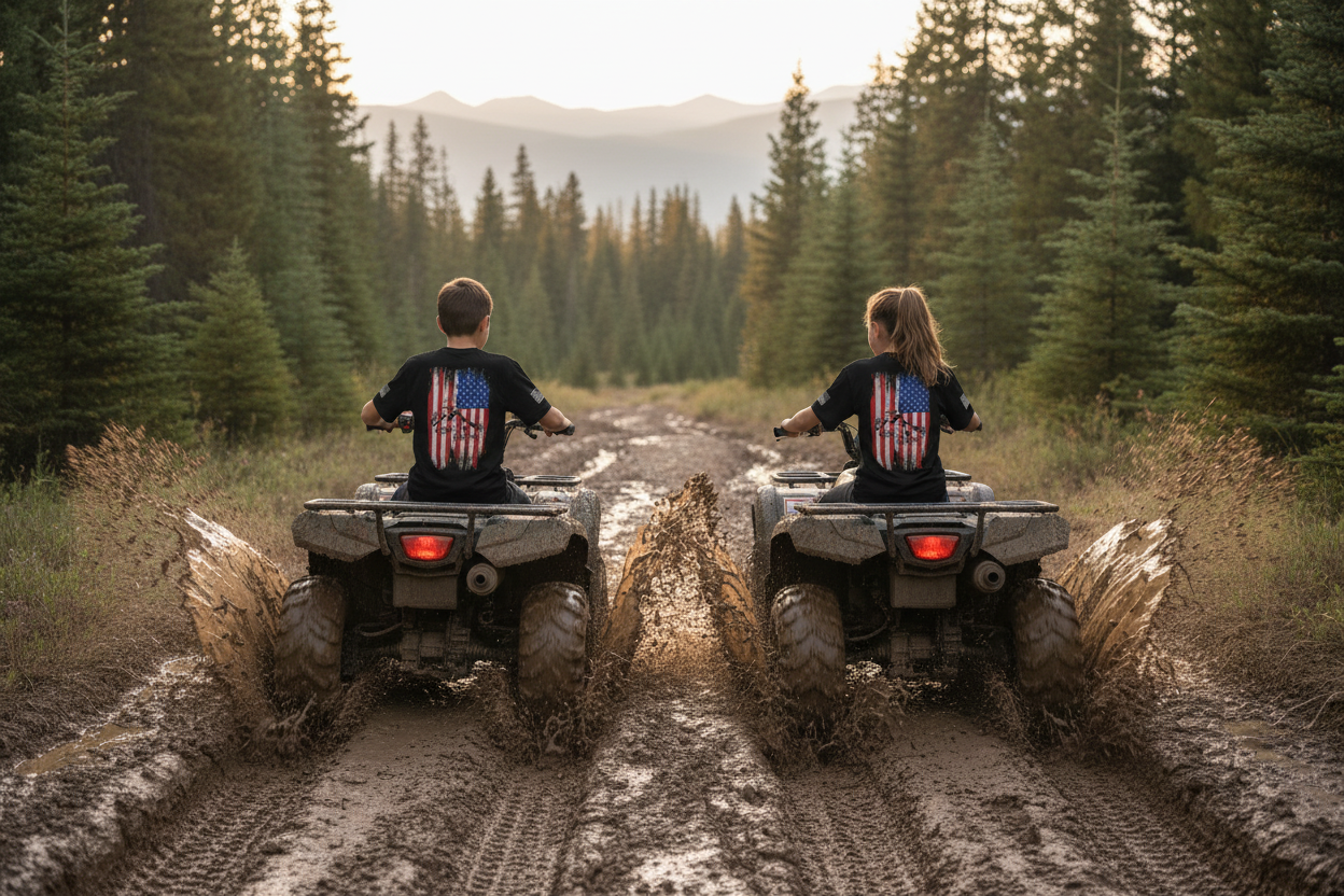 Youth Boy & Girl Riding ATVs - Muddy Off-Road Track
